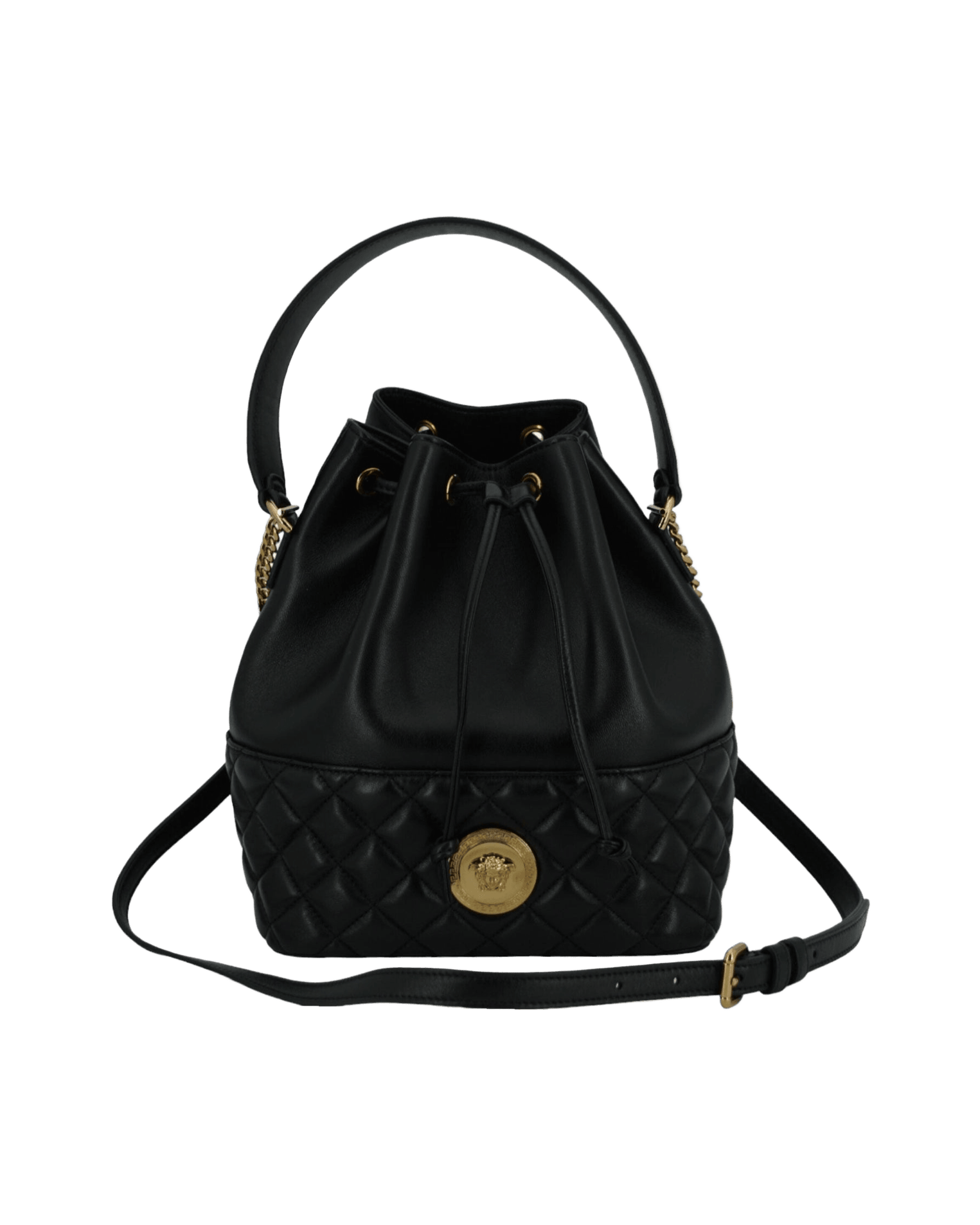 Versace Elegant Leather Medusa Bucket Shoulder Black Bag Glam Steals