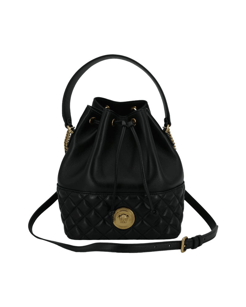 Versace Elegant Black Leather Medusa Bucket Shoulder Bag Glam Steals