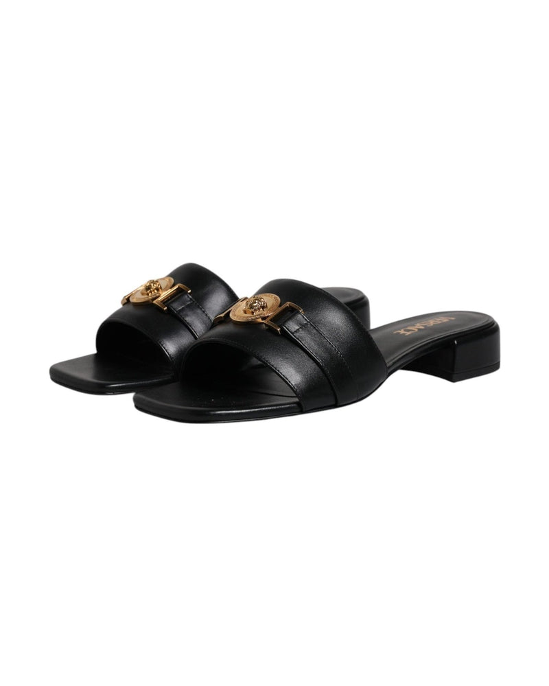 Versace Black Leather Logo Plaque Slip On Slides Flats Shoes Glam Steals
