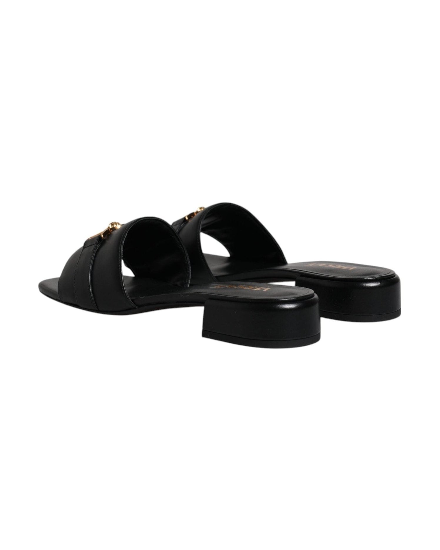 Versace Black Leather Logo Plaque Slip On Slides Flats Shoes Glam Steals