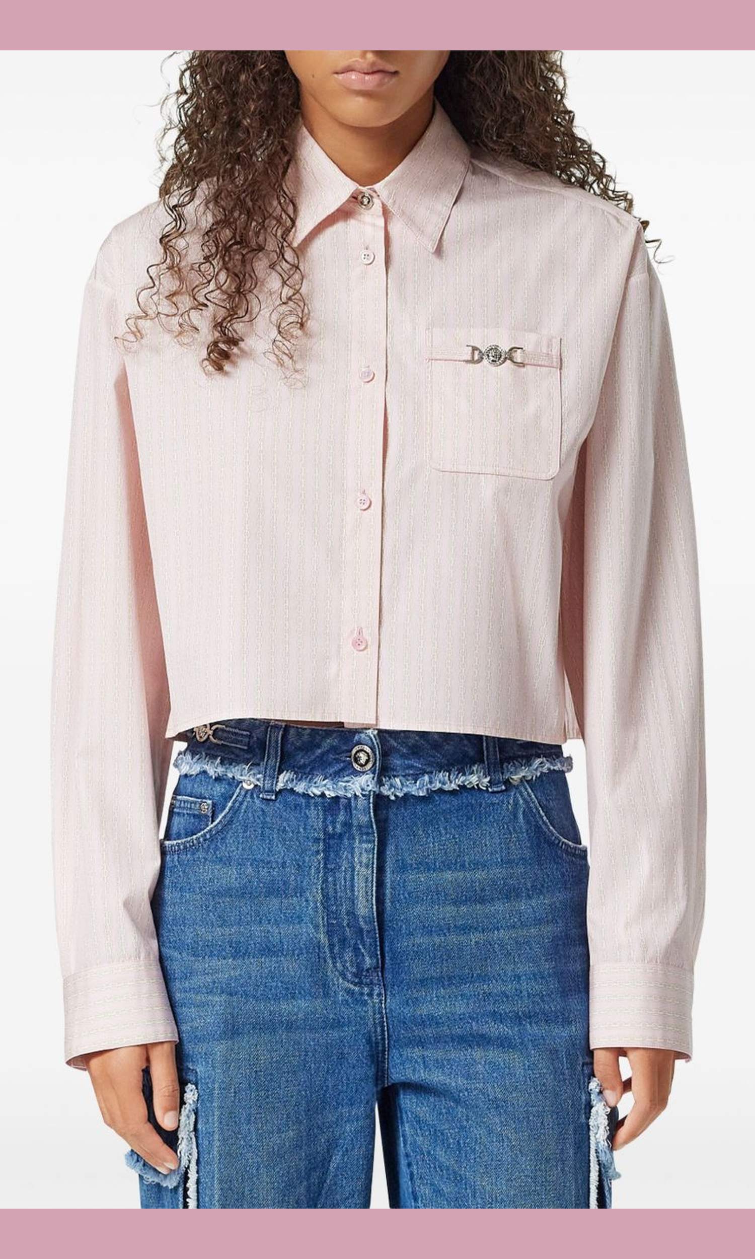 Versace Pinstripe Chain Boxy Short Shirt Glam Steals