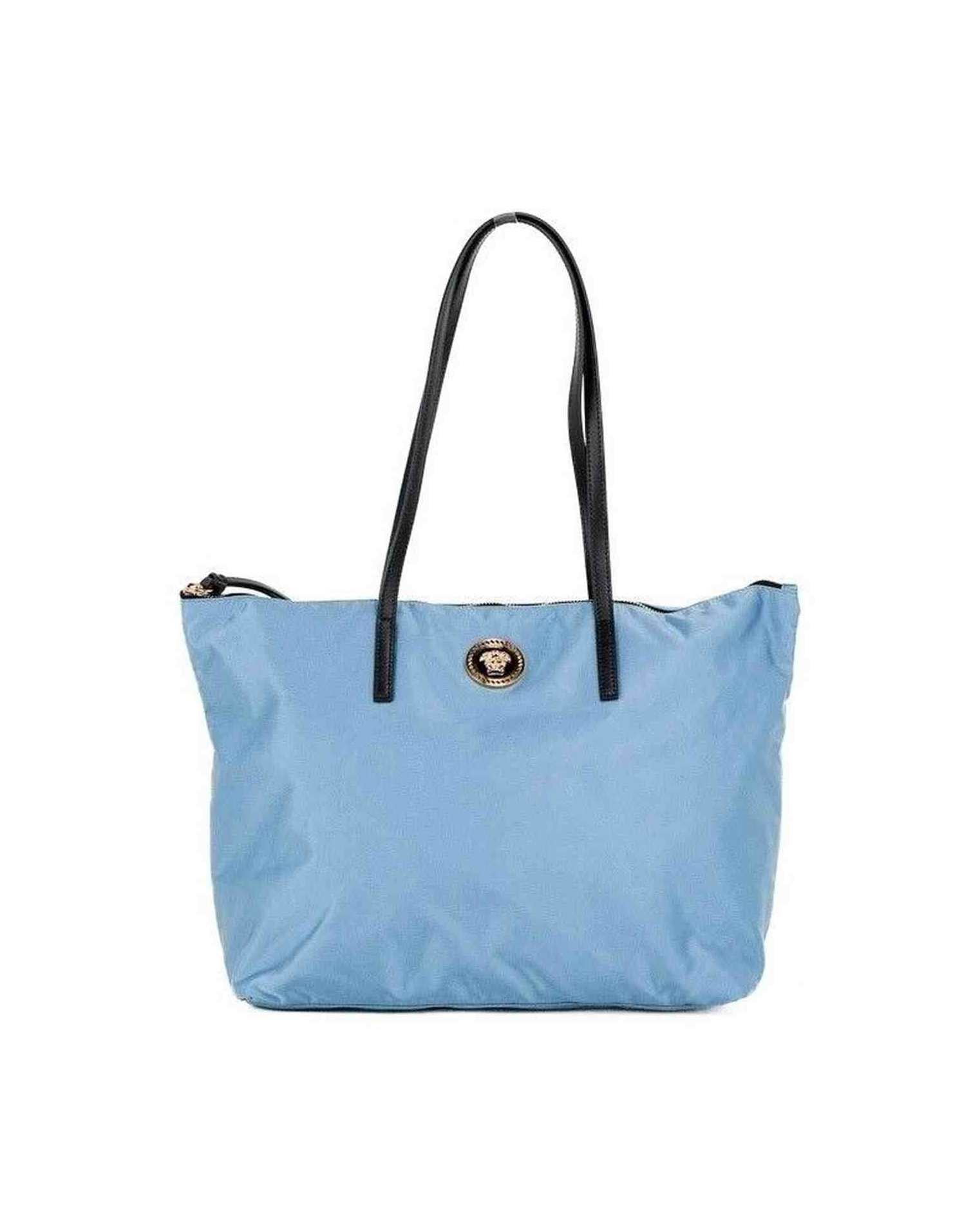 Versace Portuna Medusa Medium Cornflower Nylon Leather Tote Bag Blue Purse Glam Steals