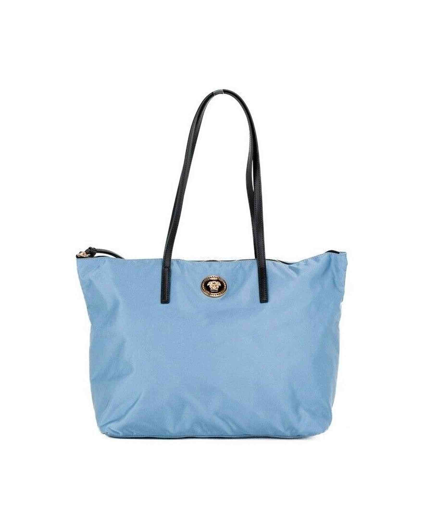 Versace Portuna Medusa Medium Cornflower Nylon Leather Tote Bag Blue Purse Glam Steals