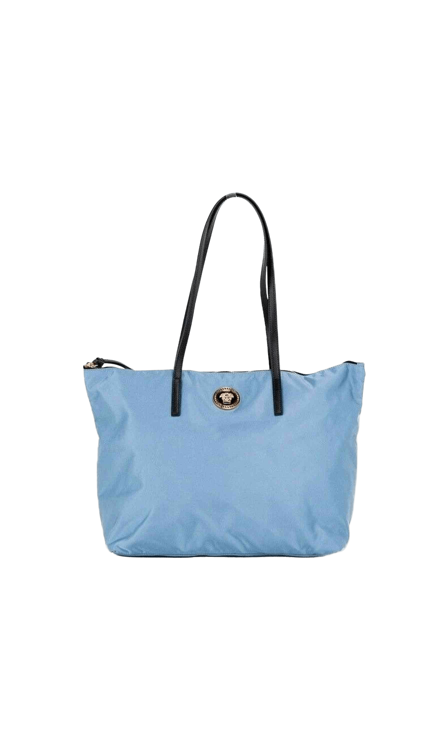 Versace Portuna Medusa Medium Cornflower Nylon Leather Tote Bag Blue Purse Glam Steals