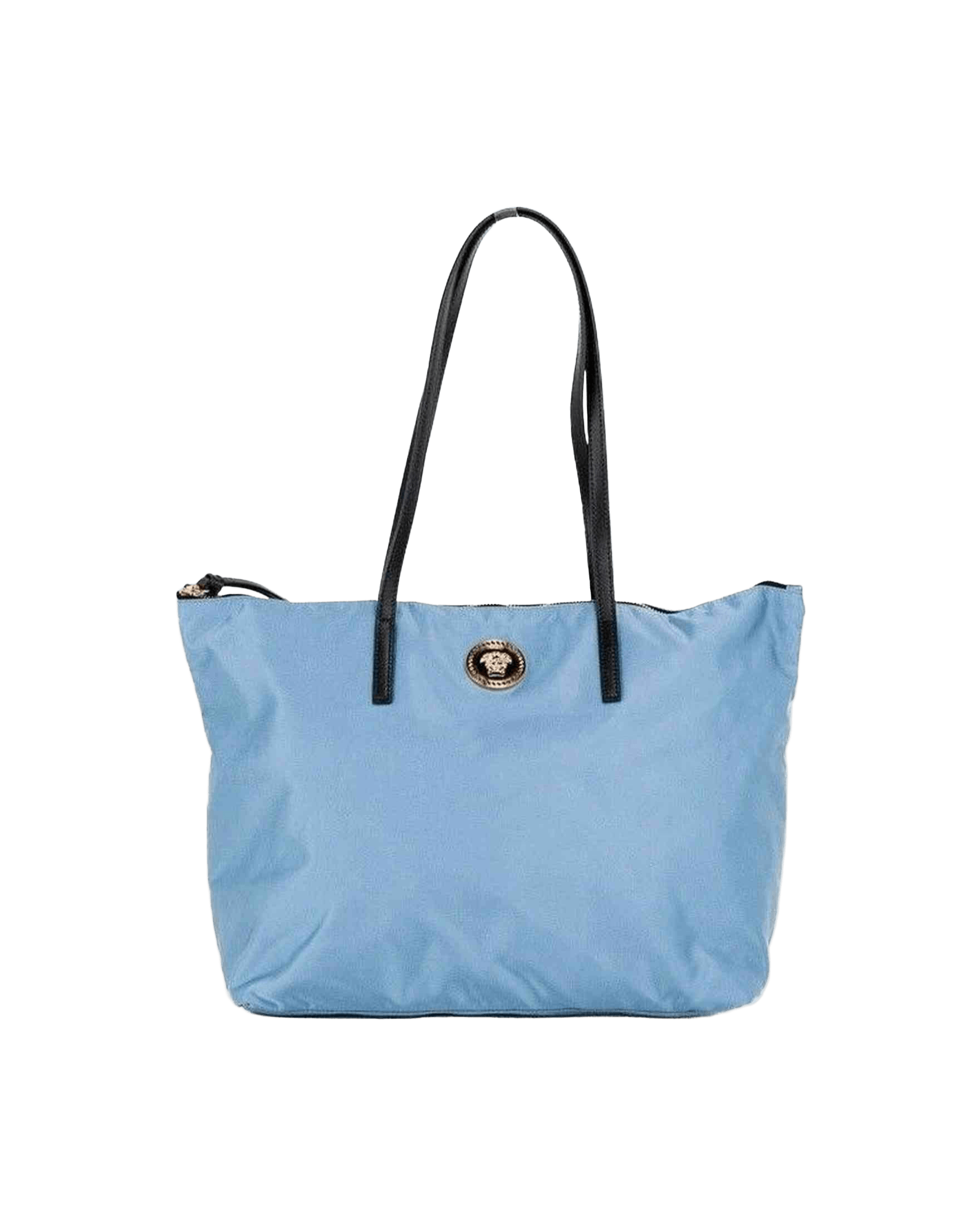 Versace Portuna Medusa Medium Cornflower Nylon Leather Tote Bag Blue Purse Glam Steals