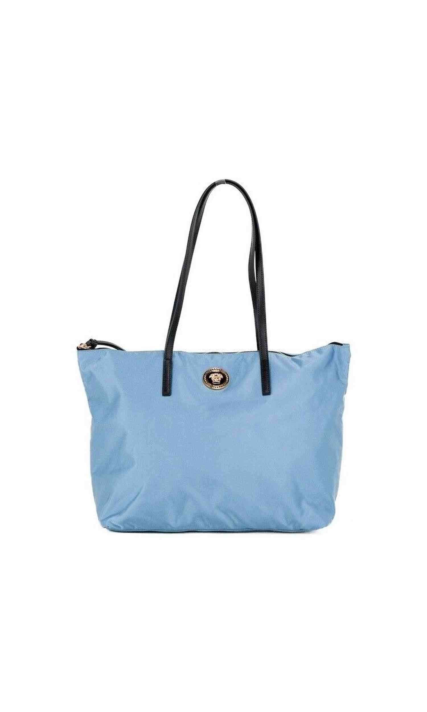 Versace Portuna Medusa Medium Cornflower Nylon Leather Tote Bag Blue Purse Glam Steals