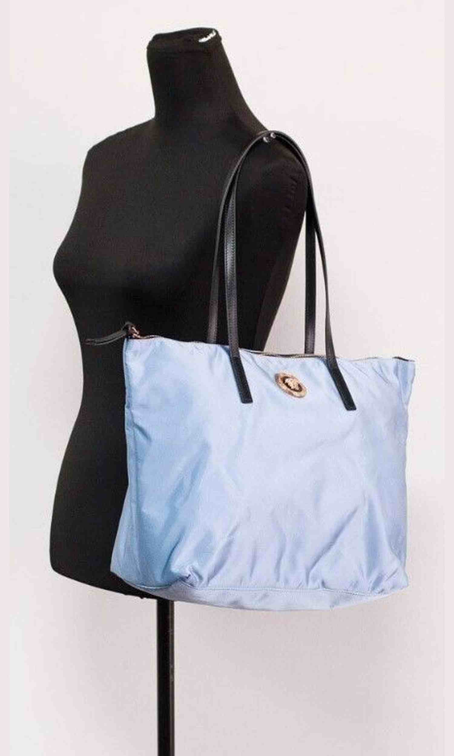 Versace Portuna Medusa Medium Cornflower Nylon Leather Tote Bag Blue Purse Glam Steals