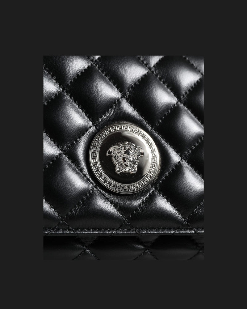 Versace Quilted Lambskin Leather Crossbody Shoulder Black Bag Glam Steals
