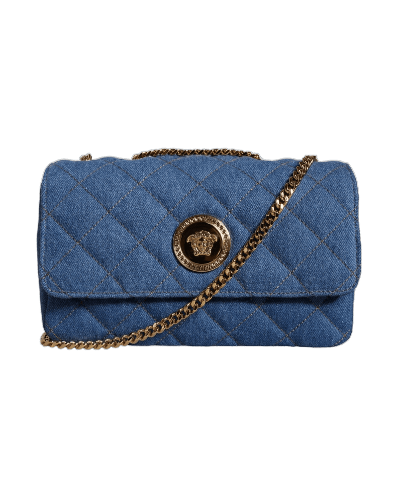 Versace Quilted Blue Denim Leather Crossbody Shoulder Bag Glam Steals
