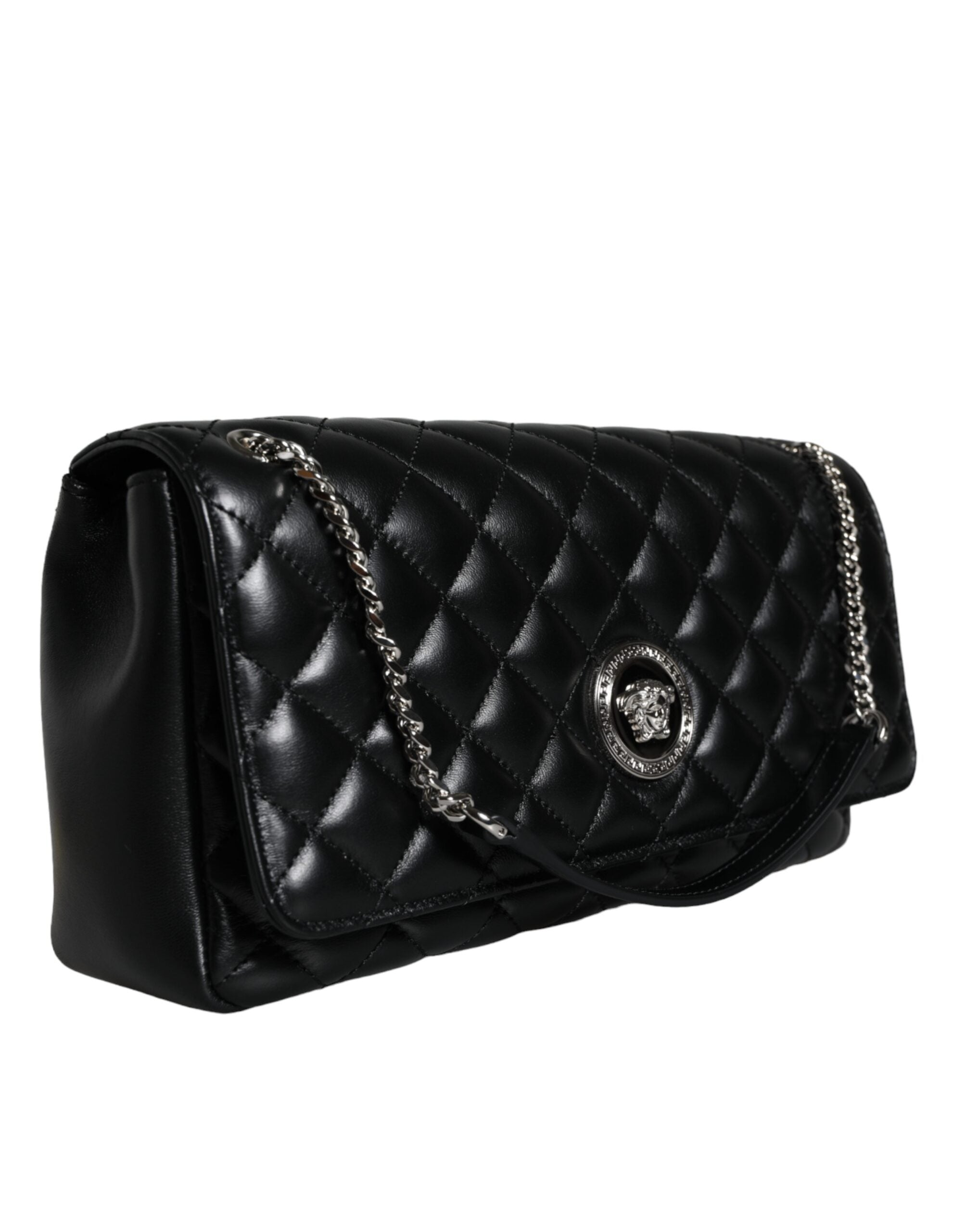 Versace Quilted Lambskin Leather Crossbody Shoulder Black Bag Glam Steals