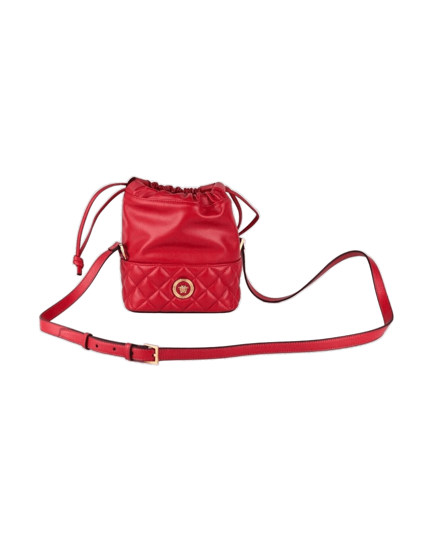 Versace Quilted Leather Drawstring Shoulder Bag Bucket Crossbody Red Handbag Glam Steals