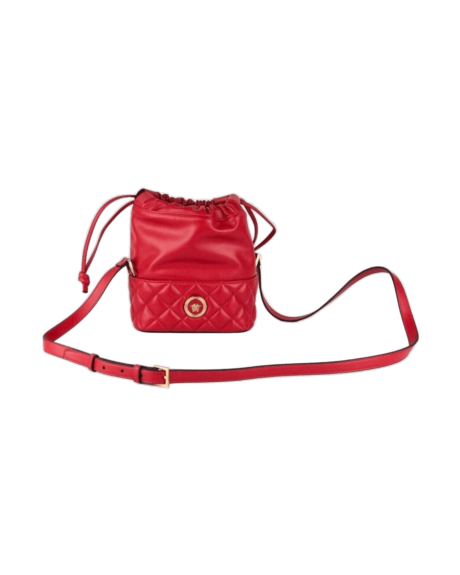 Versace Quilted Leather Drawstring Shoulder Bag Bucket Crossbody Red Handbag Glam Steals