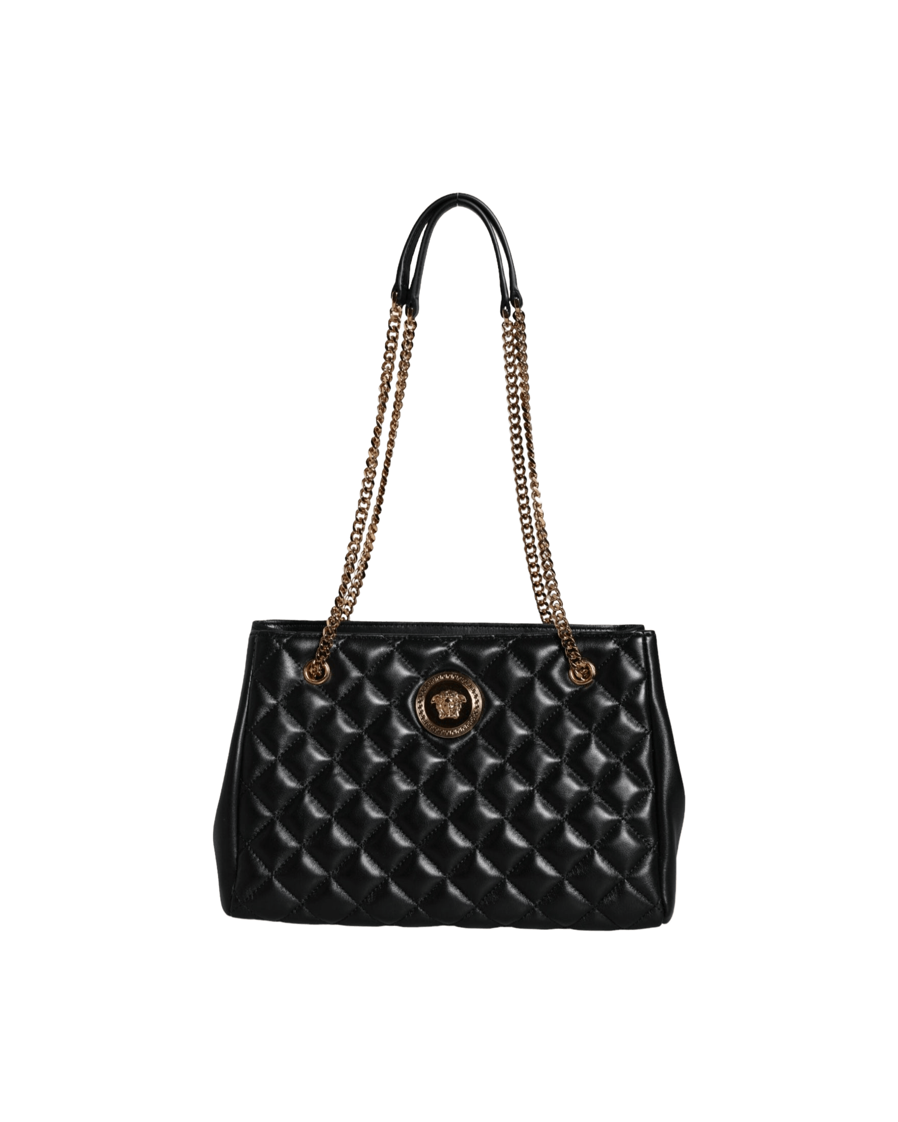 Versace Quilted Nappa Leather Shoulder Chain Strap Black Bag Glam Steals