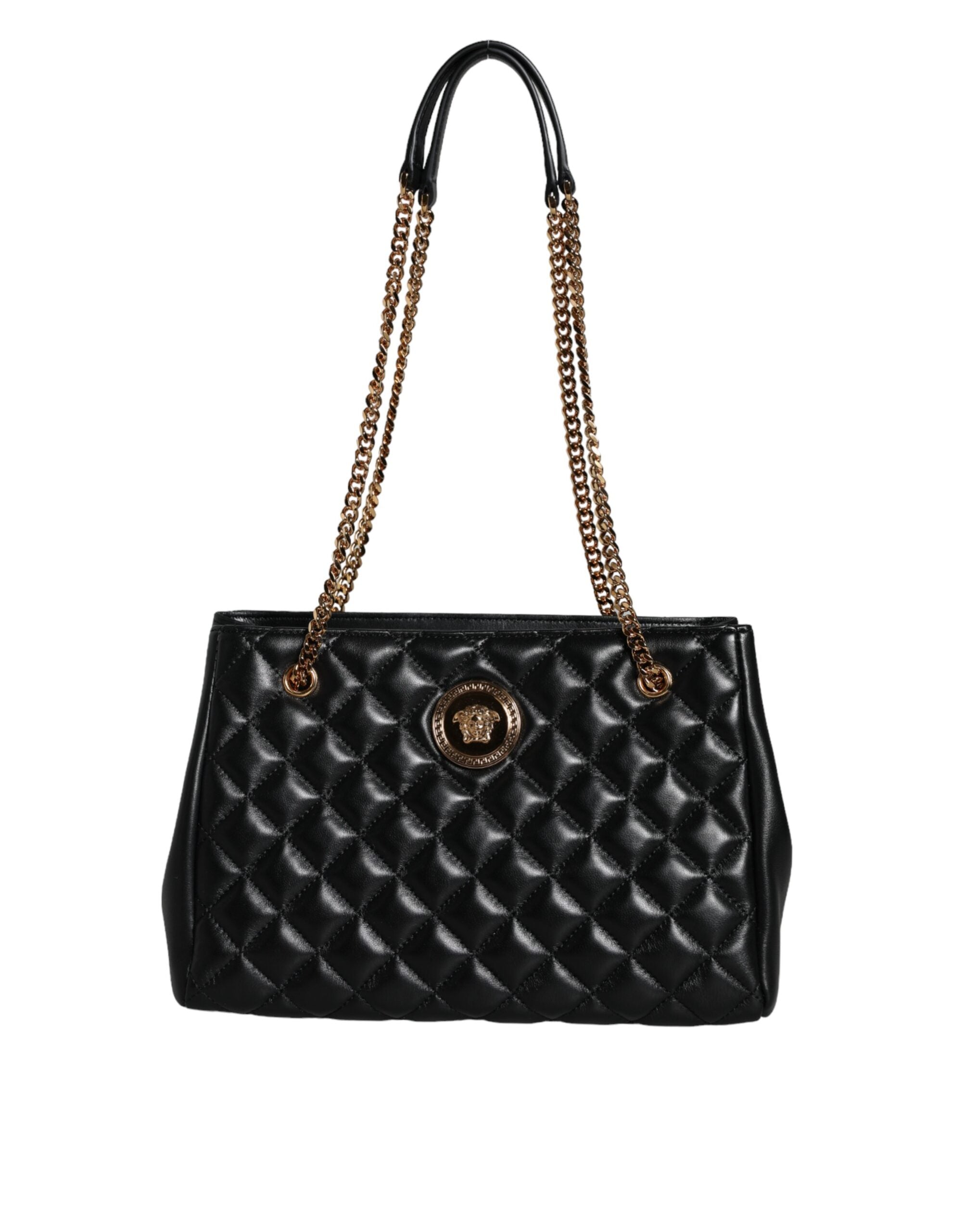 Versace Quilted Nappa Leather Shoulder Chain Strap Black Bag Glam Steals