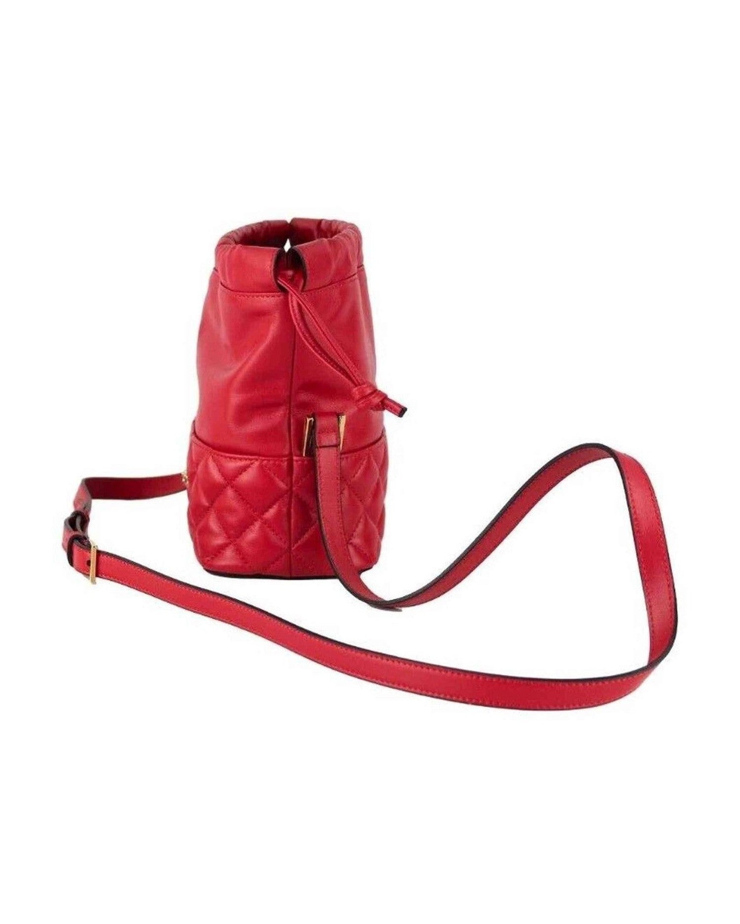 Versace Quilted Leather Drawstring Shoulder Bag Bucket Crossbody Red Handbag Glam Steals