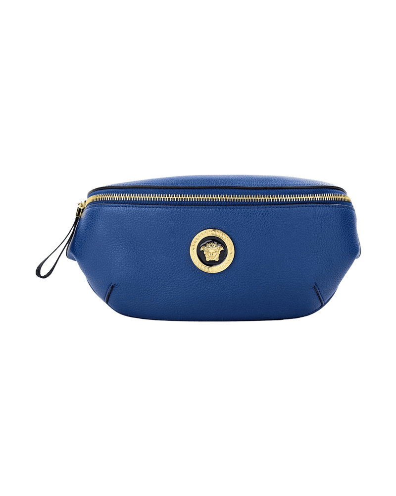 Versace Small Navy Calf Leather Medusa Pendant Fanny Waist Pack Belt Bag Glam Steals