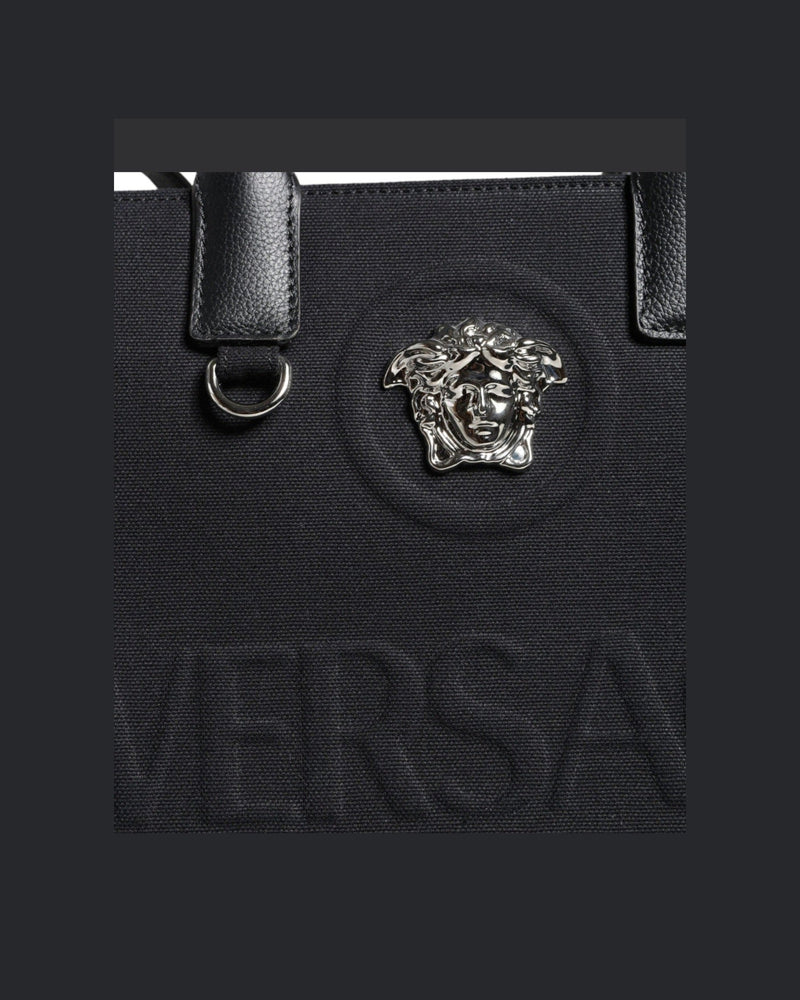 Versace Top Handle Canvas Leather Logo Crossbody Tote Black Bag Glam Steals