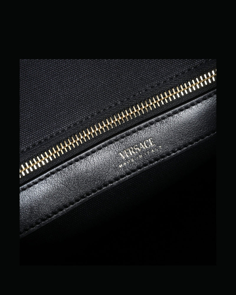 Versace Top Handle Canvas Leather Logo Crossbody Tote Black Bag Glam Steals