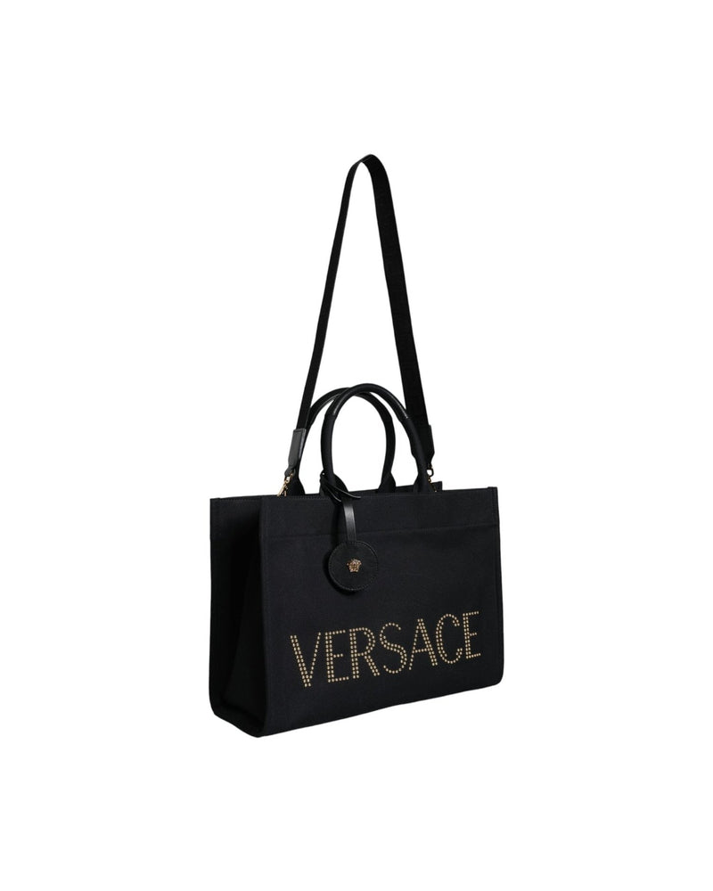 Versace Top Handle Canvas Leather Logo Crossbody Tote Black Bag Glam Steals