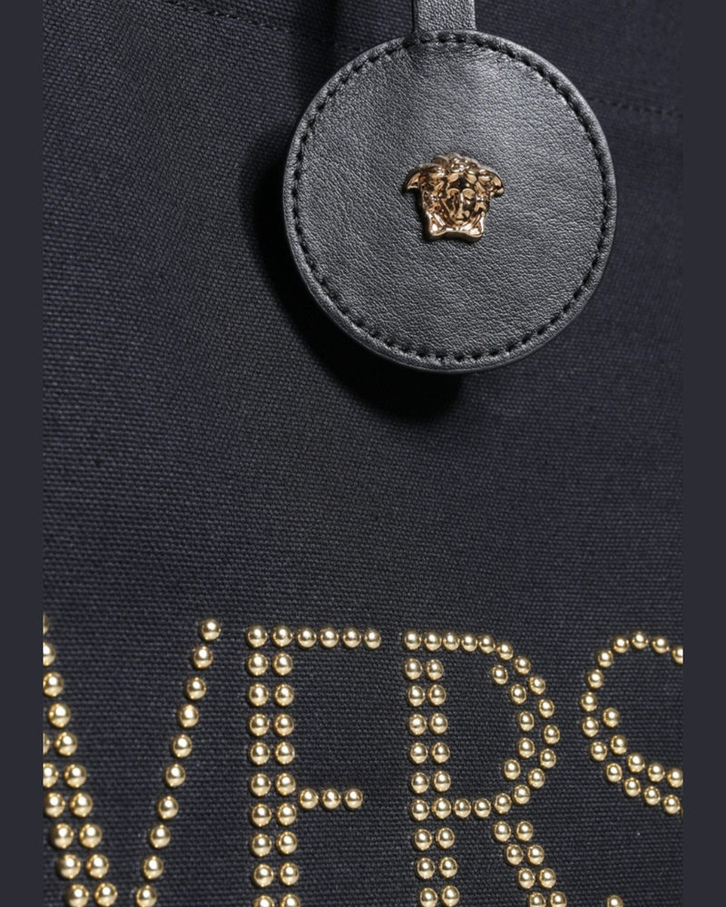 Versace Top Handle Canvas Leather Logo Crossbody Tote Black Bag Glam Steals