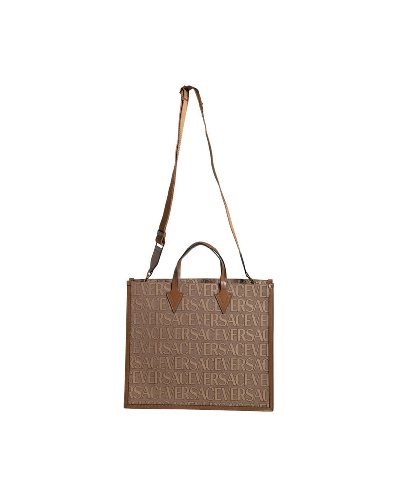 Versace Top Handle Jacquard Leather Logo Crossbody Tote Brown Bag Glam Steals