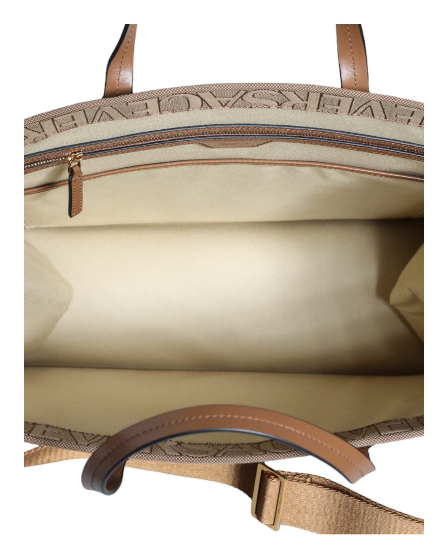 Versace Top Handle Jacquard Leather Logo Crossbody Tote Brown Bag Glam Steals