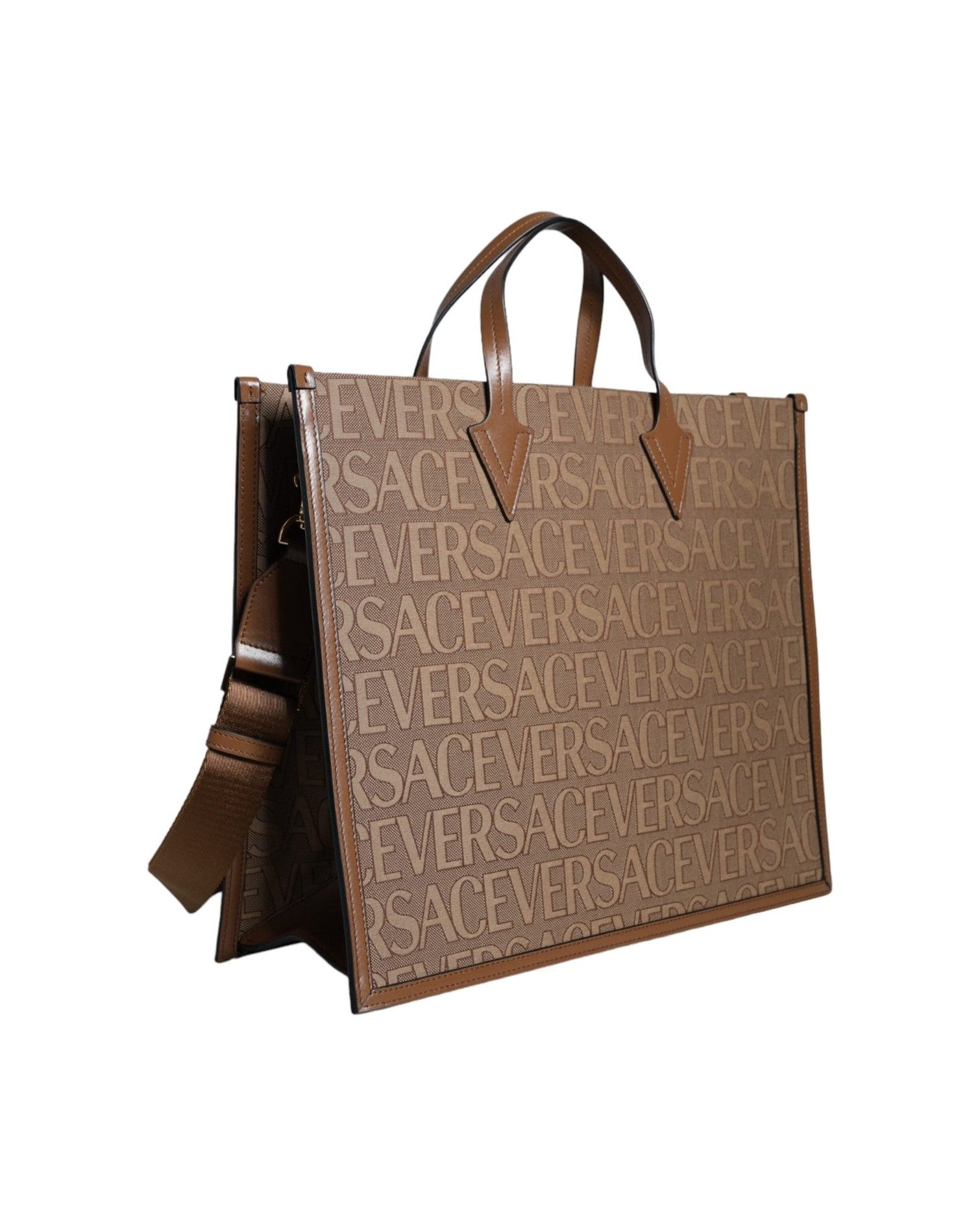 Versace Top Handle Jacquard Leather Logo Crossbody Tote Brown Bag Glam Steals