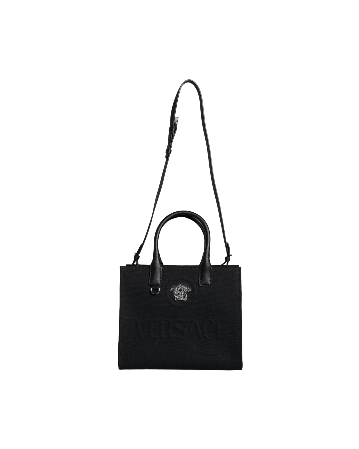 Versace Top Handle Canvas Leather Logo Crossbody Tote Black Bag Glam Steals