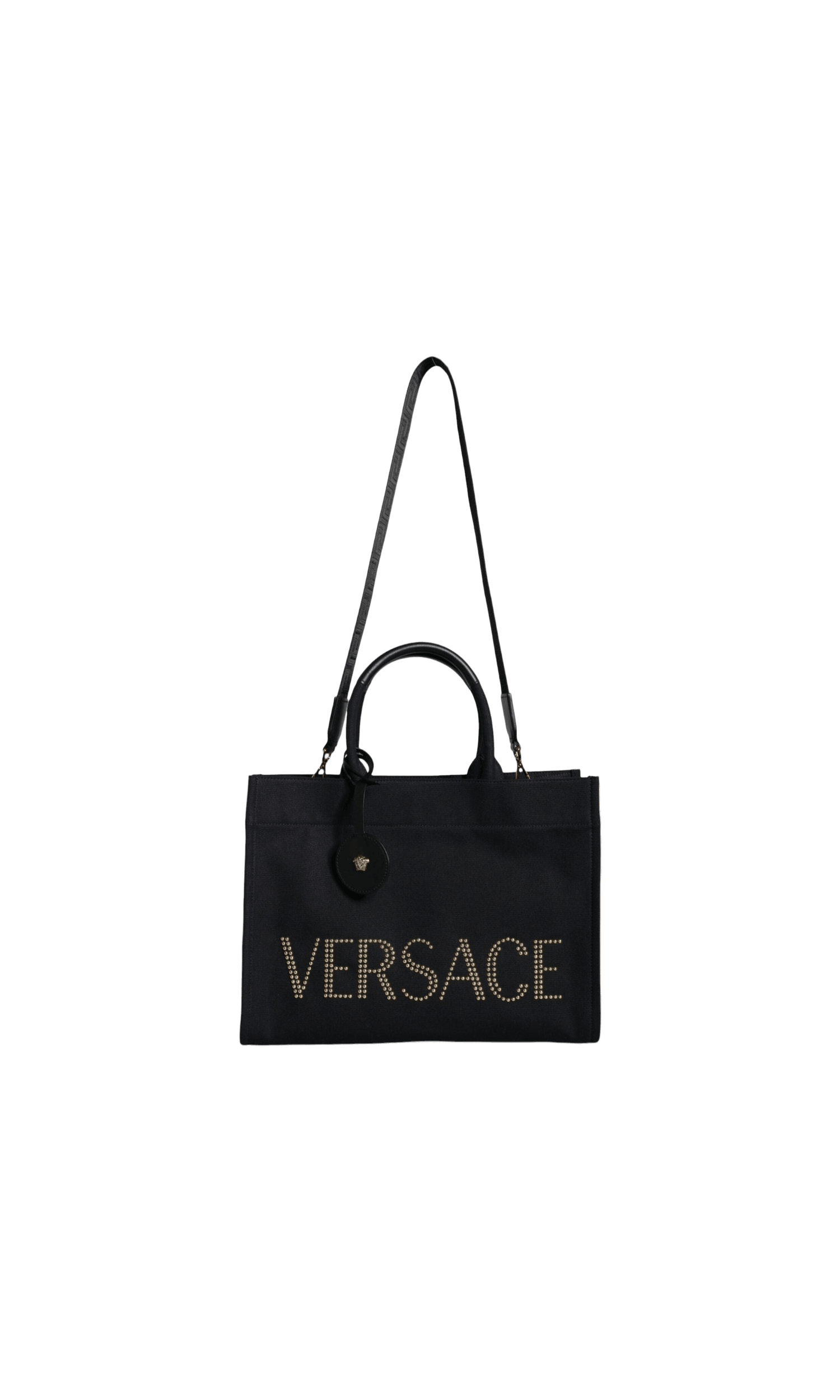 Versace Top Handle Canvas Leather Logo Crossbody Tote Black Bag Glam Steals