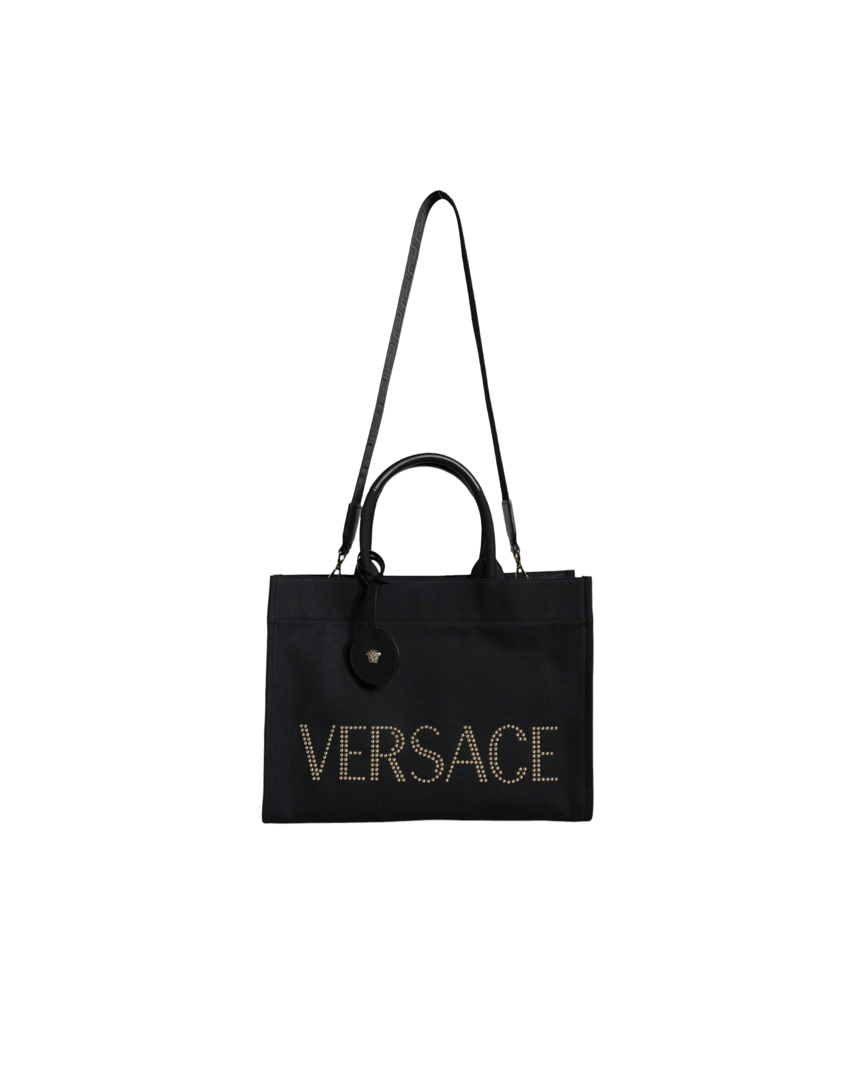 Versace Top Handle Canvas Leather Logo Crossbody Tote Black Bag Glam Steals