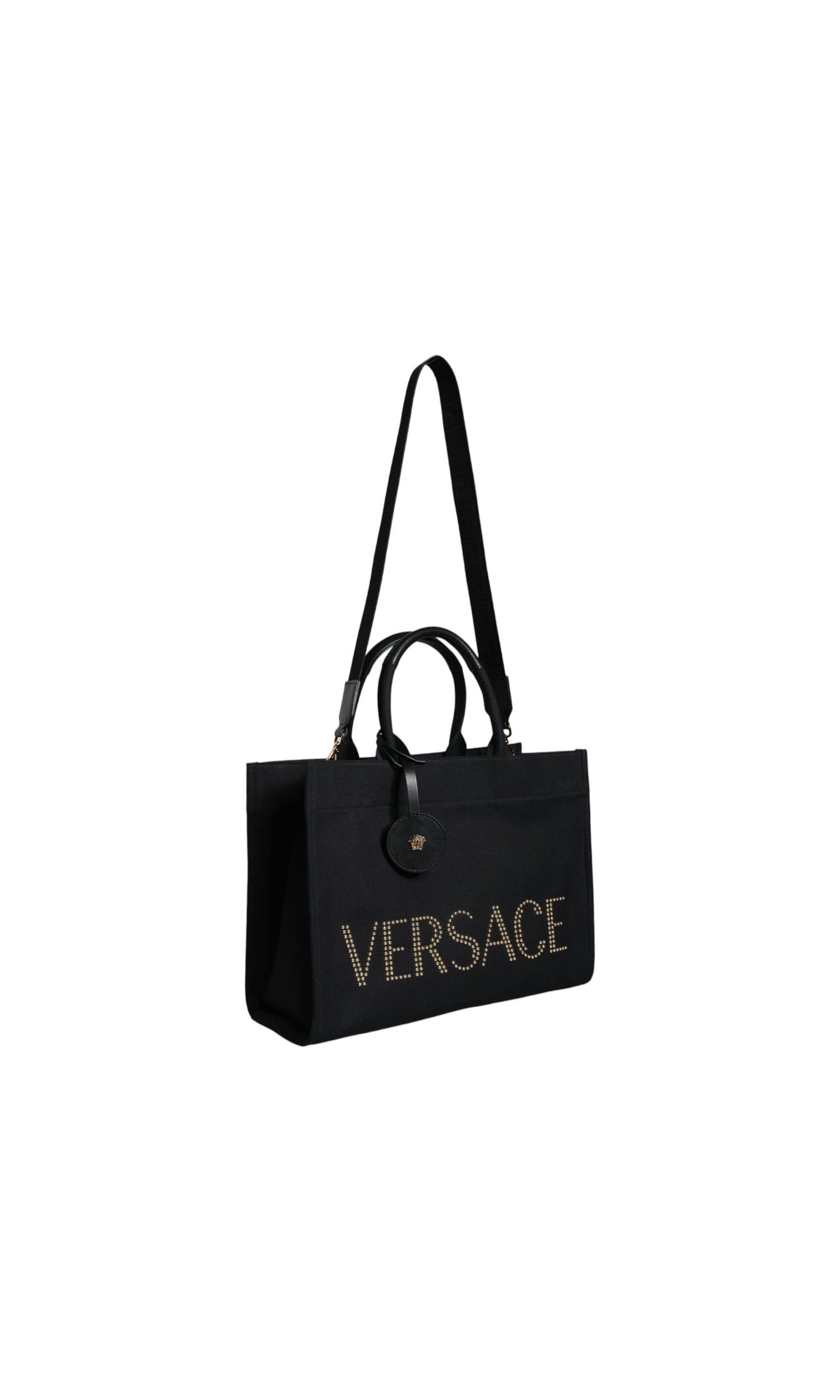 Versace Top Handle Canvas Leather Logo Crossbody Tote Black Bag Glam Steals