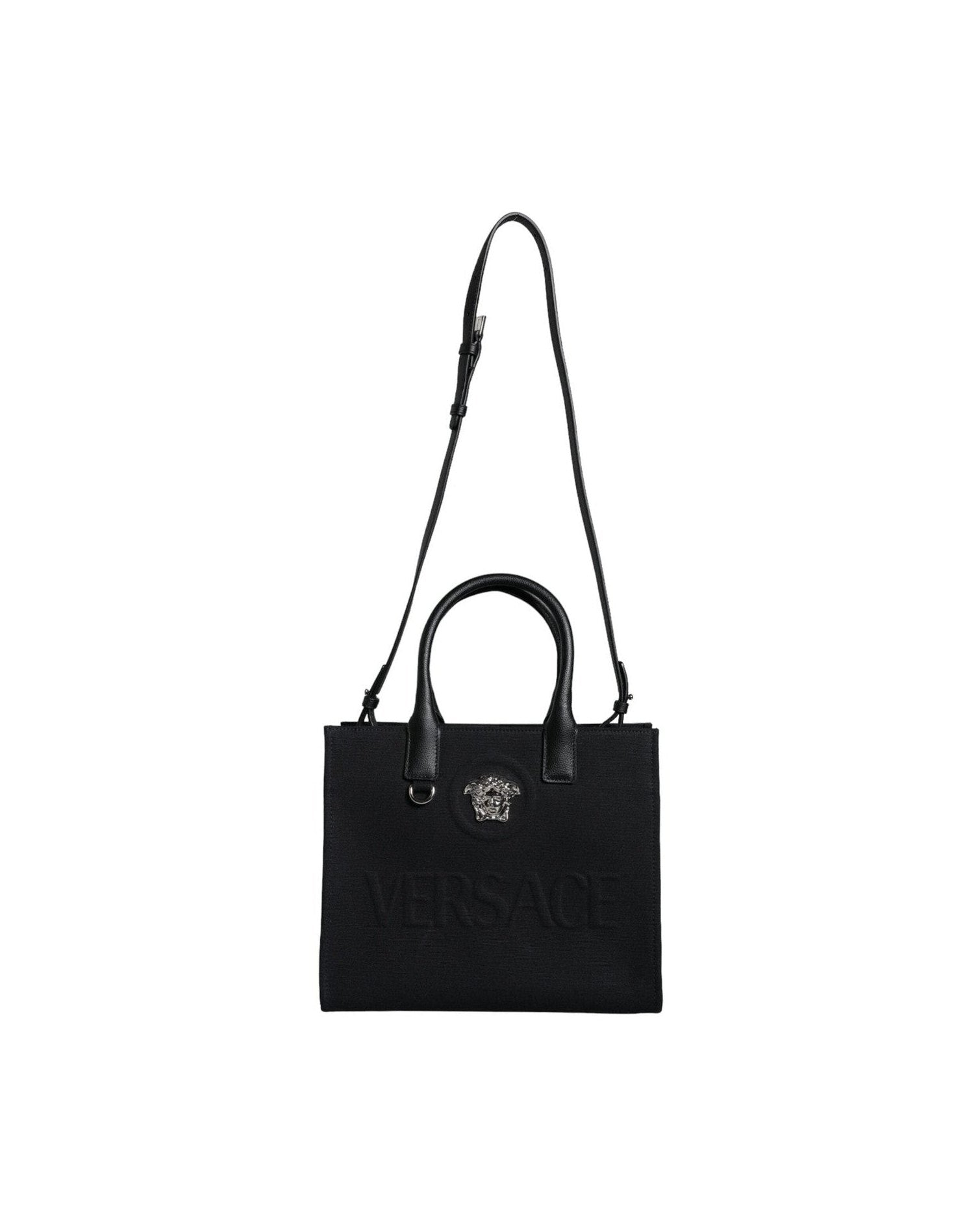 Versace Top Handle Canvas Leather Logo Crossbody Tote Black Bag Glam Steals