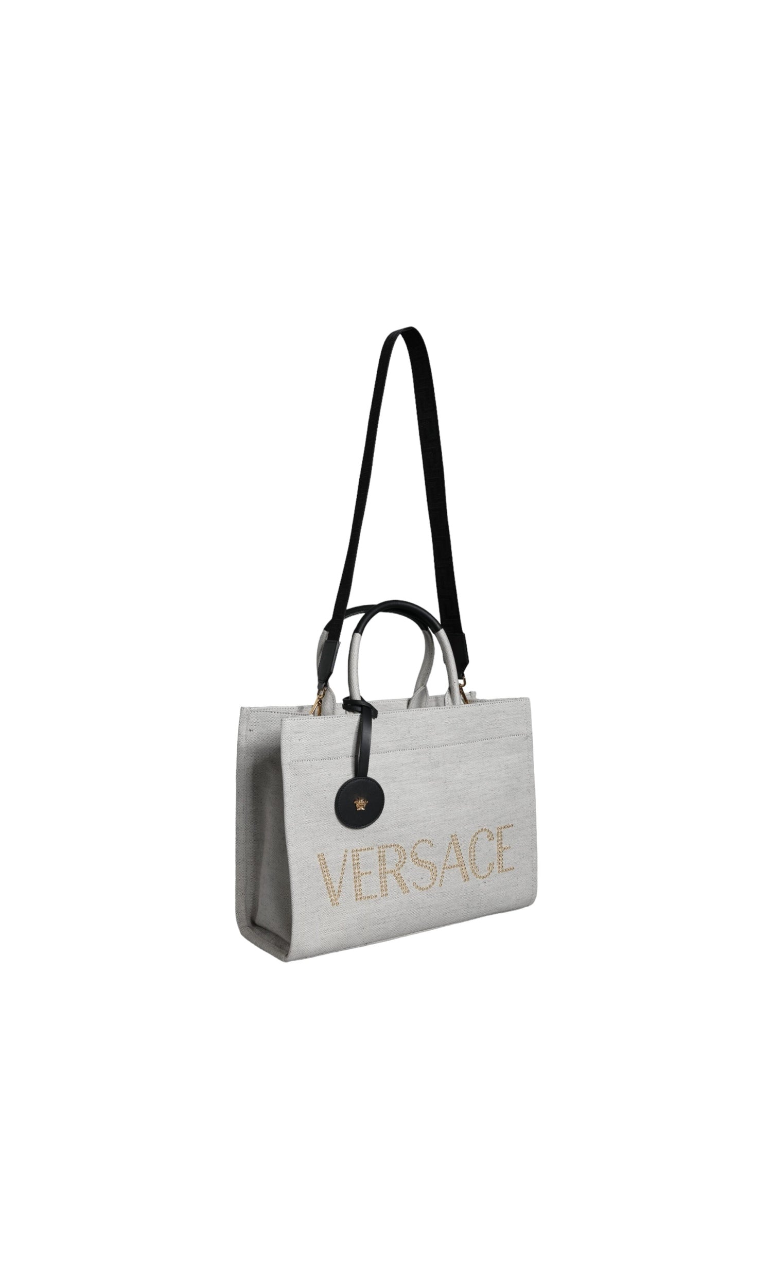 Versace Top Handle Canvas Leather Logo Crossbody Tote White Bag Glam Steals