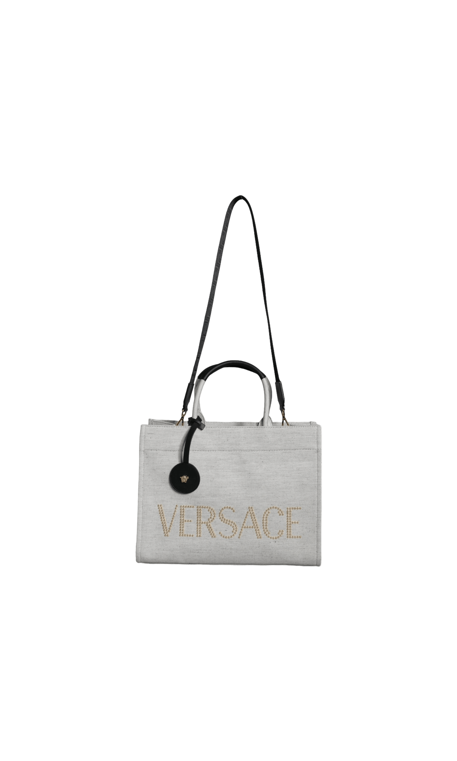 Versace Top Handle Canvas Leather Logo Crossbody Tote White Bag Glam Steals