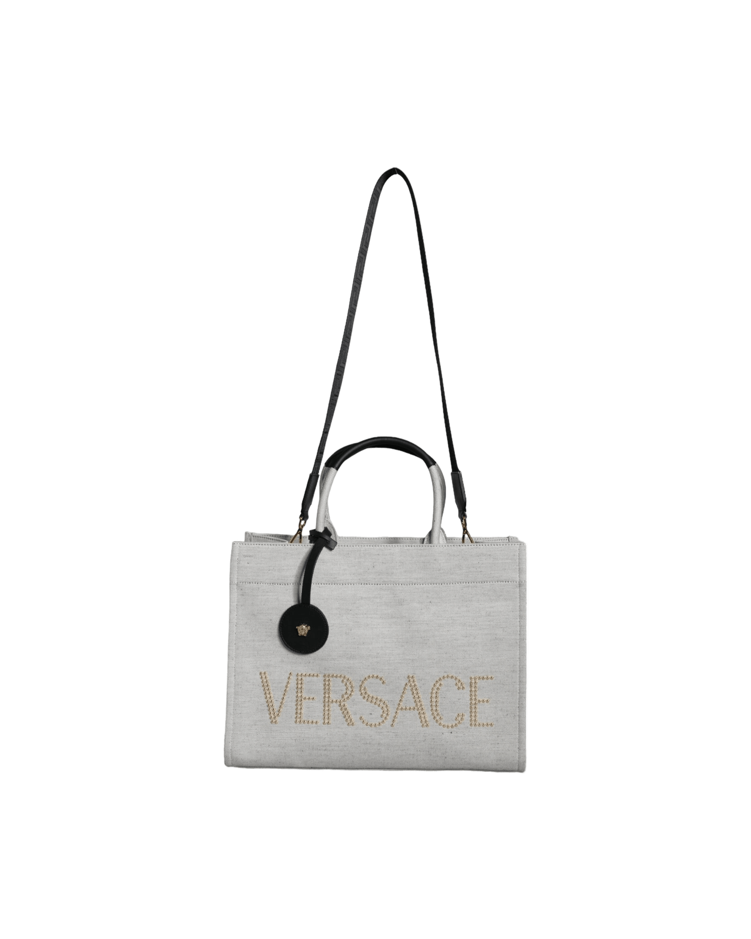 Versace Top Handle Canvas Leather Logo Crossbody Tote White Bag Glam Steals