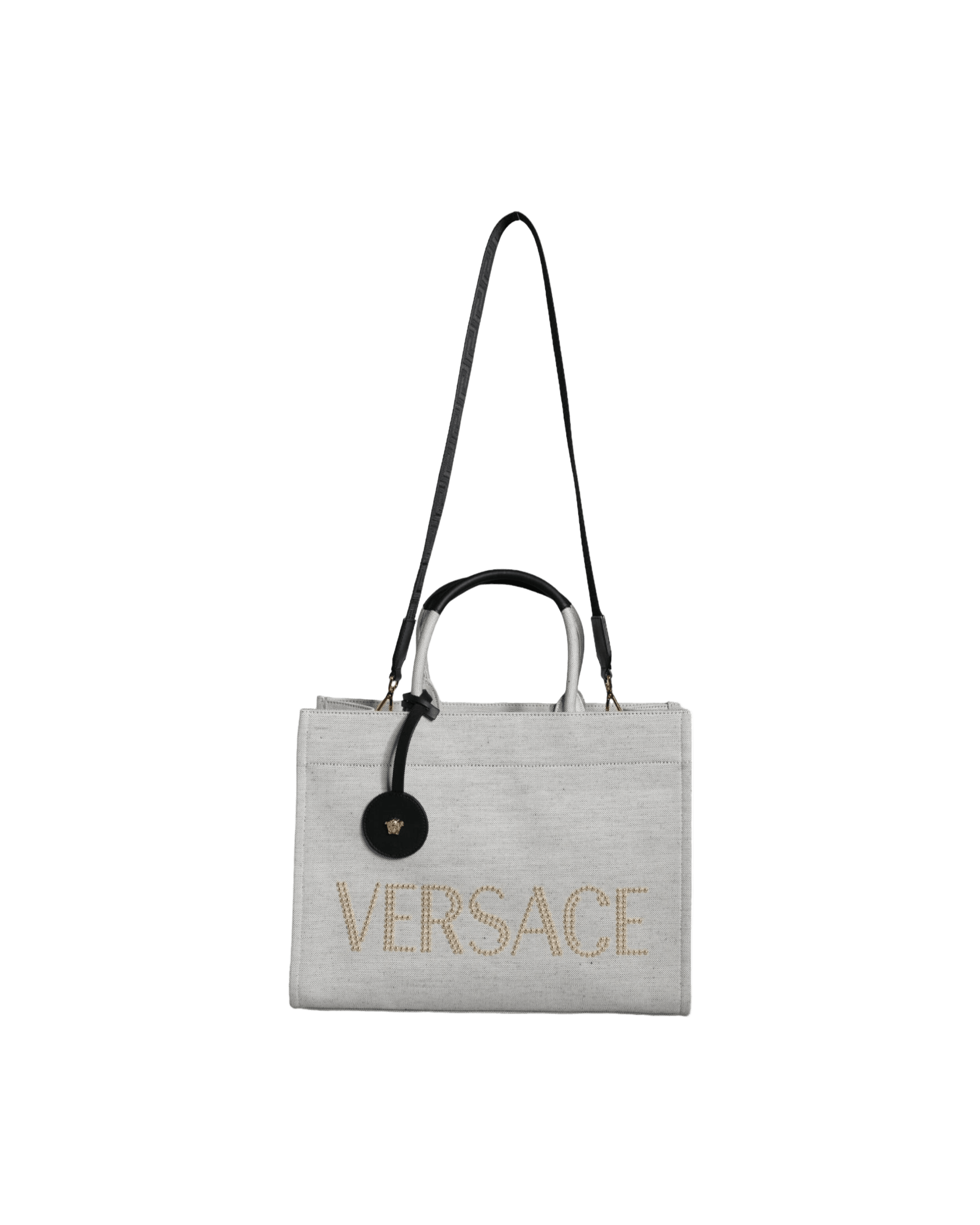 Versace Top Handle Canvas Leather Logo Crossbody Tote White Bag Glam Steals