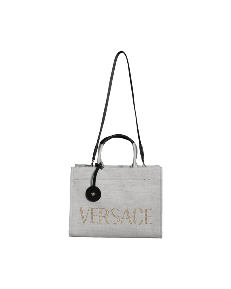 Versace Top White Handle Canvas Leather Logo Crossbody Tote Bag Glam Steals