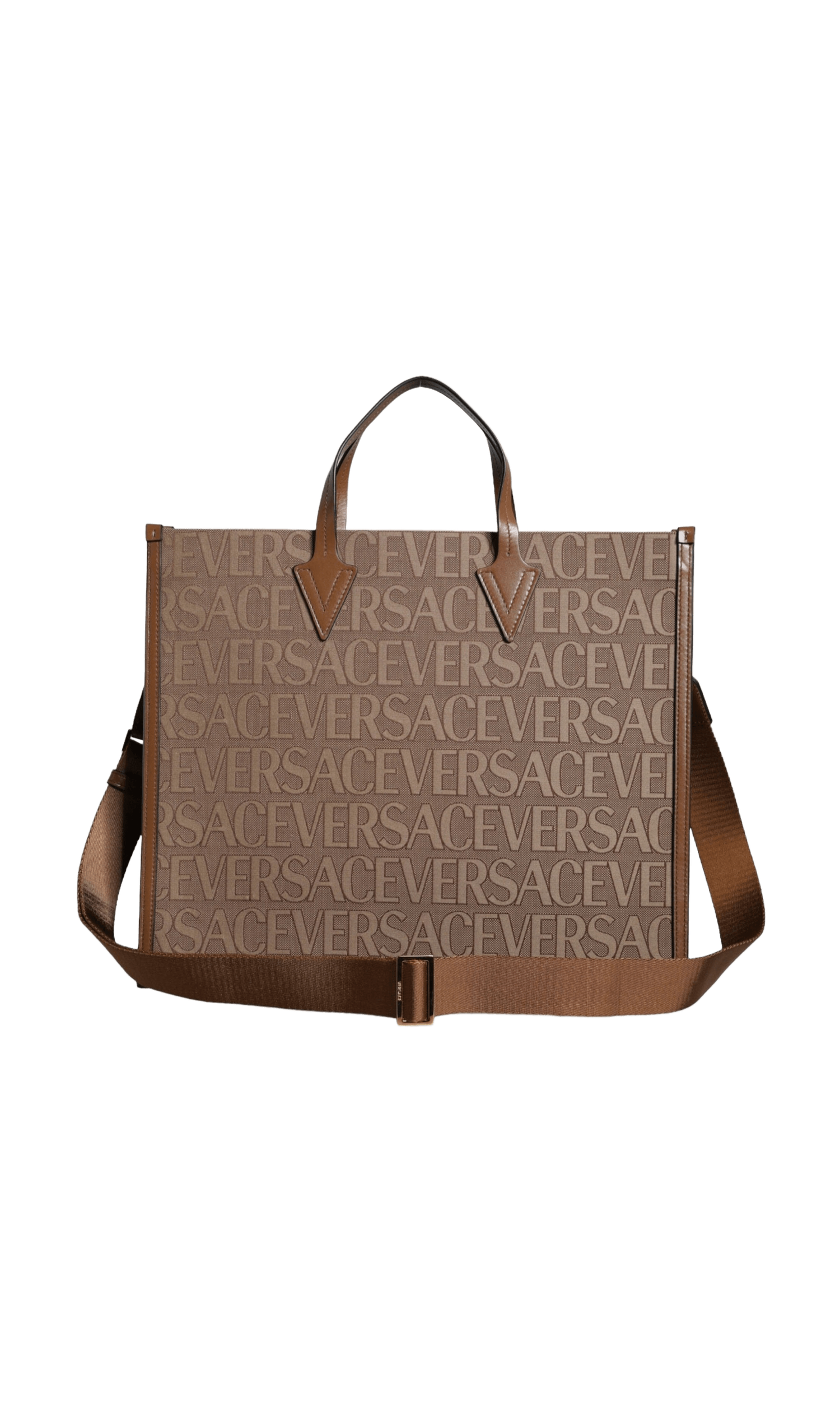 Versace Top Handle Jacquard Leather Logo Crossbody Tote Brown Bag Glam Steals