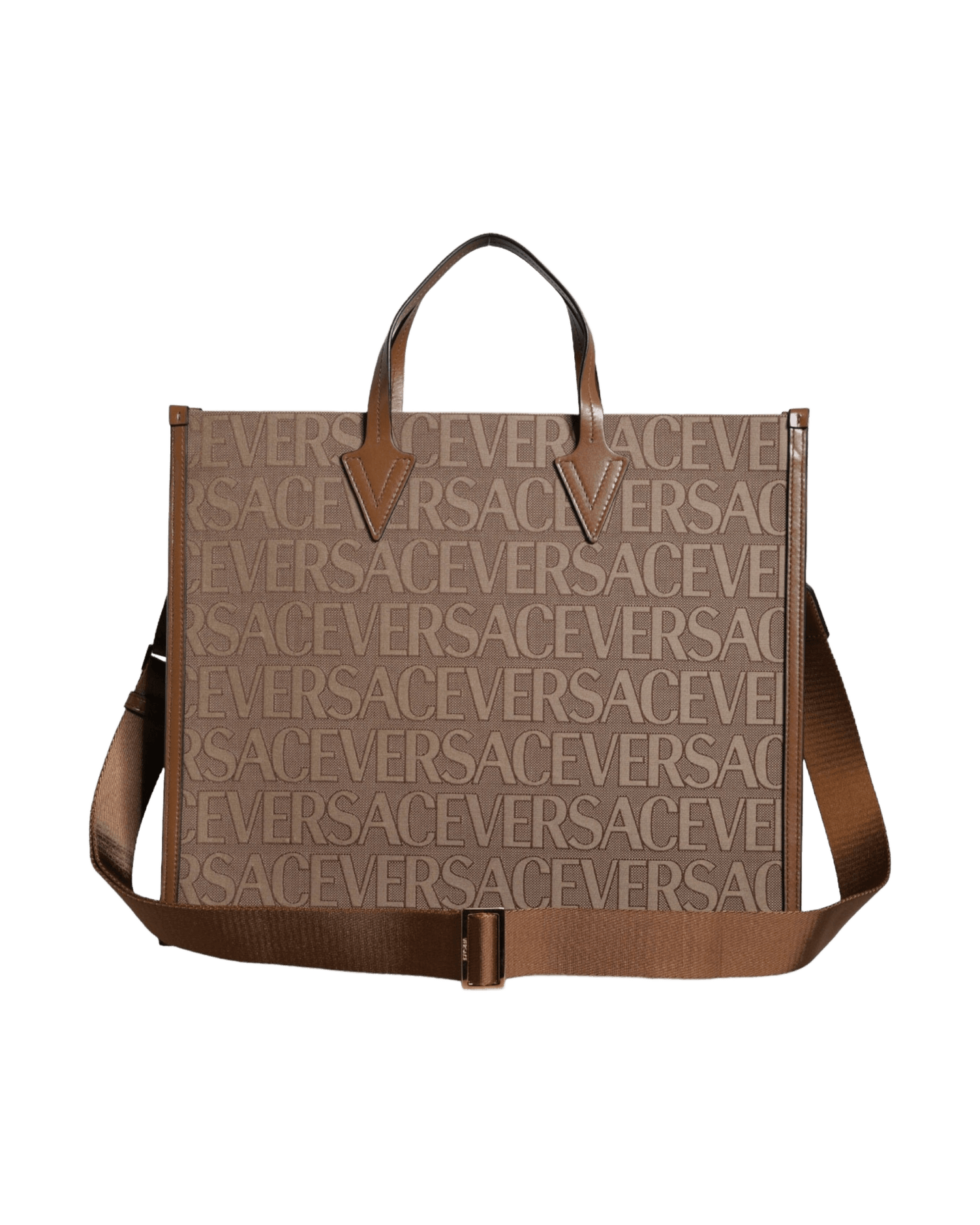 Versace Top Handle Jacquard Leather Logo Crossbody Tote Brown Bag Glam Steals