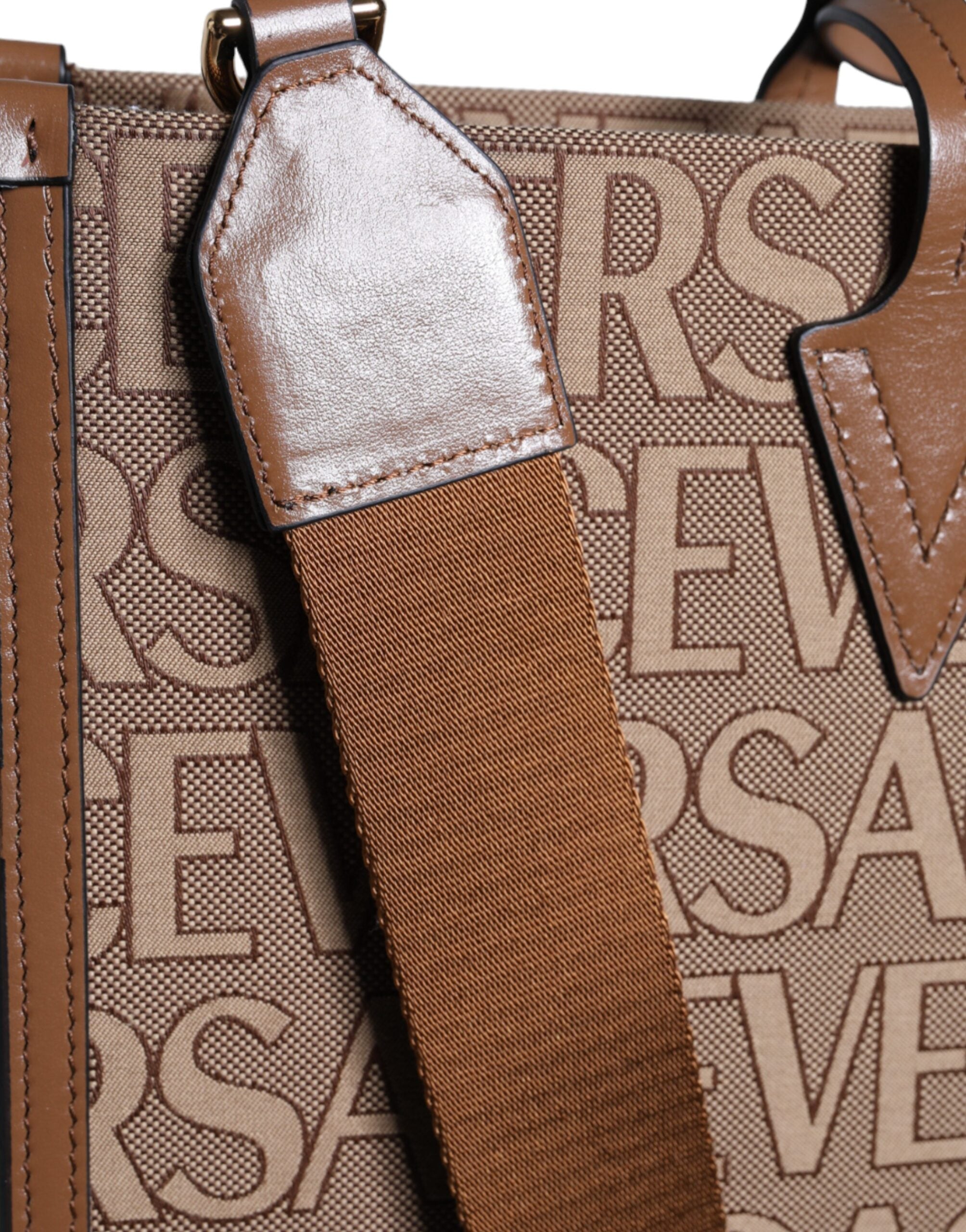 Versace Top Handle Jacquard Leather Logo Crossbody Tote Brown Bag Glam Steals