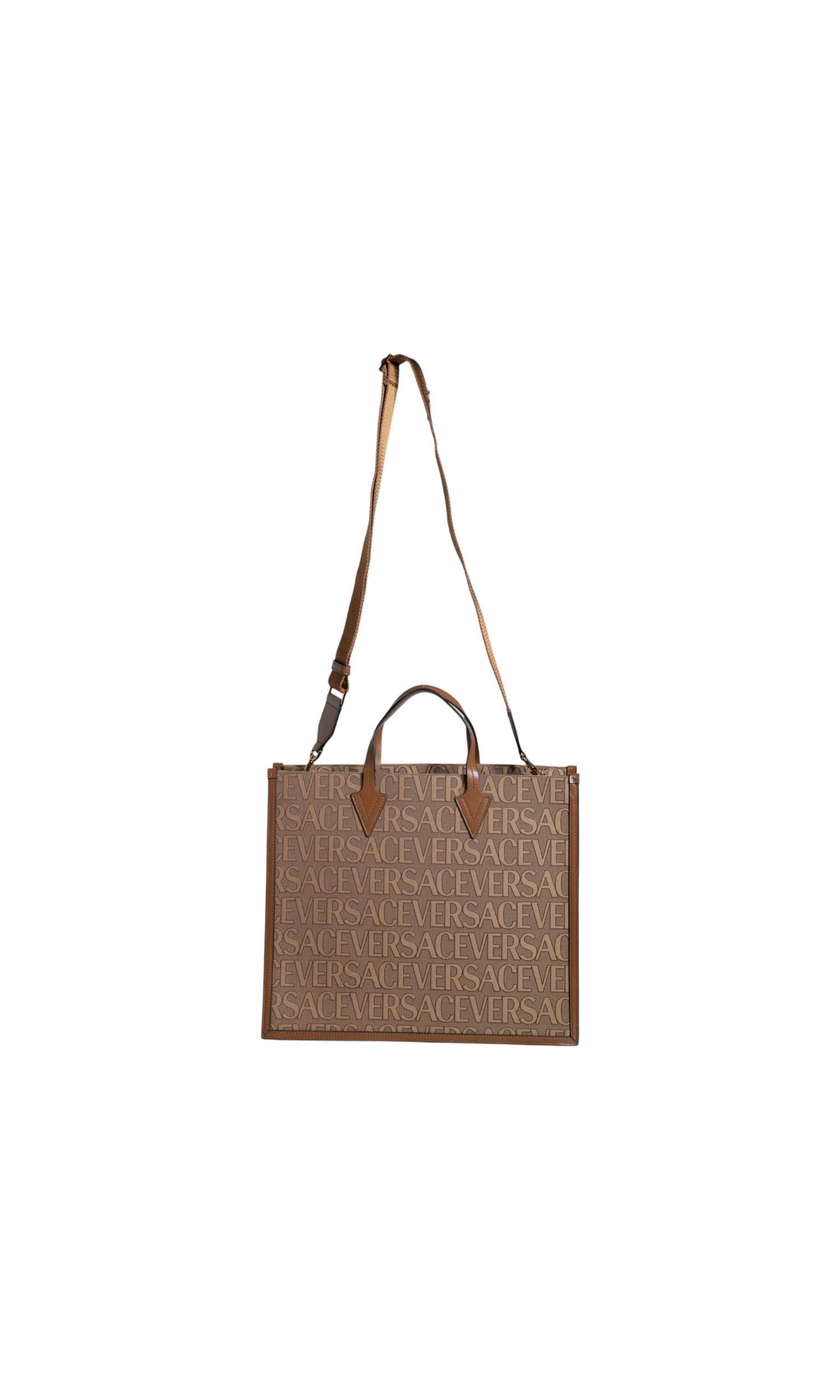 Versace Top Handle Jacquard Leather Logo Crossbody Tote Brown Bag Glam Steals