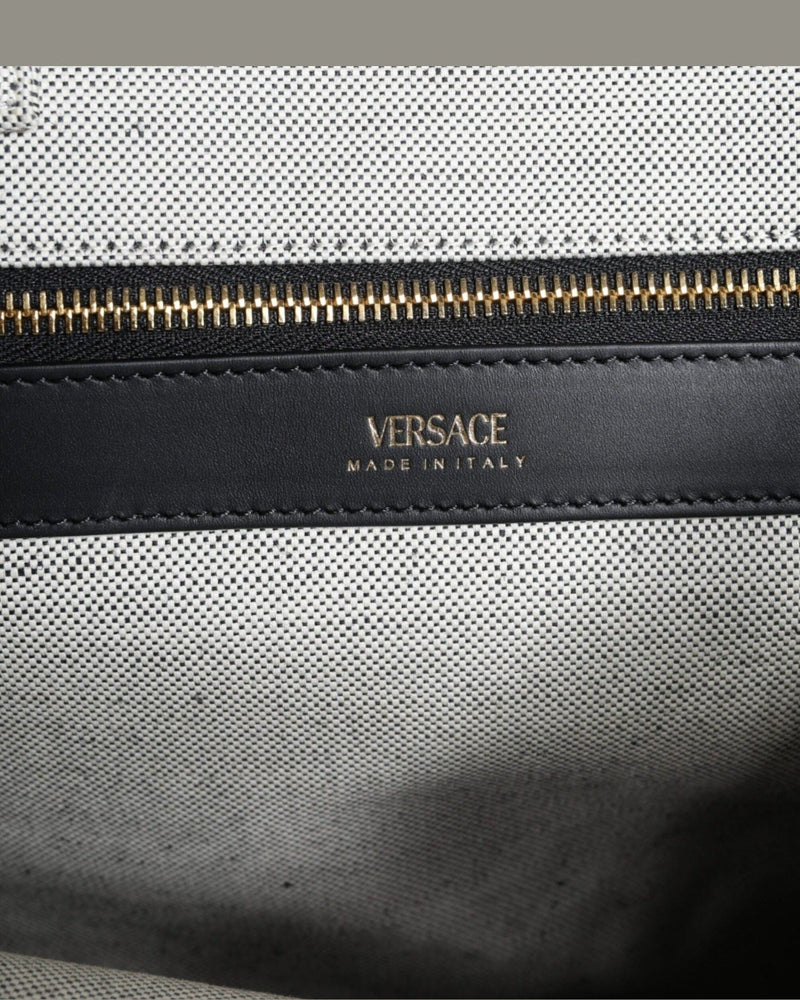 Versace Top Handle Canvas Leather Logo Crossbody Tote White Bag Glam Steals