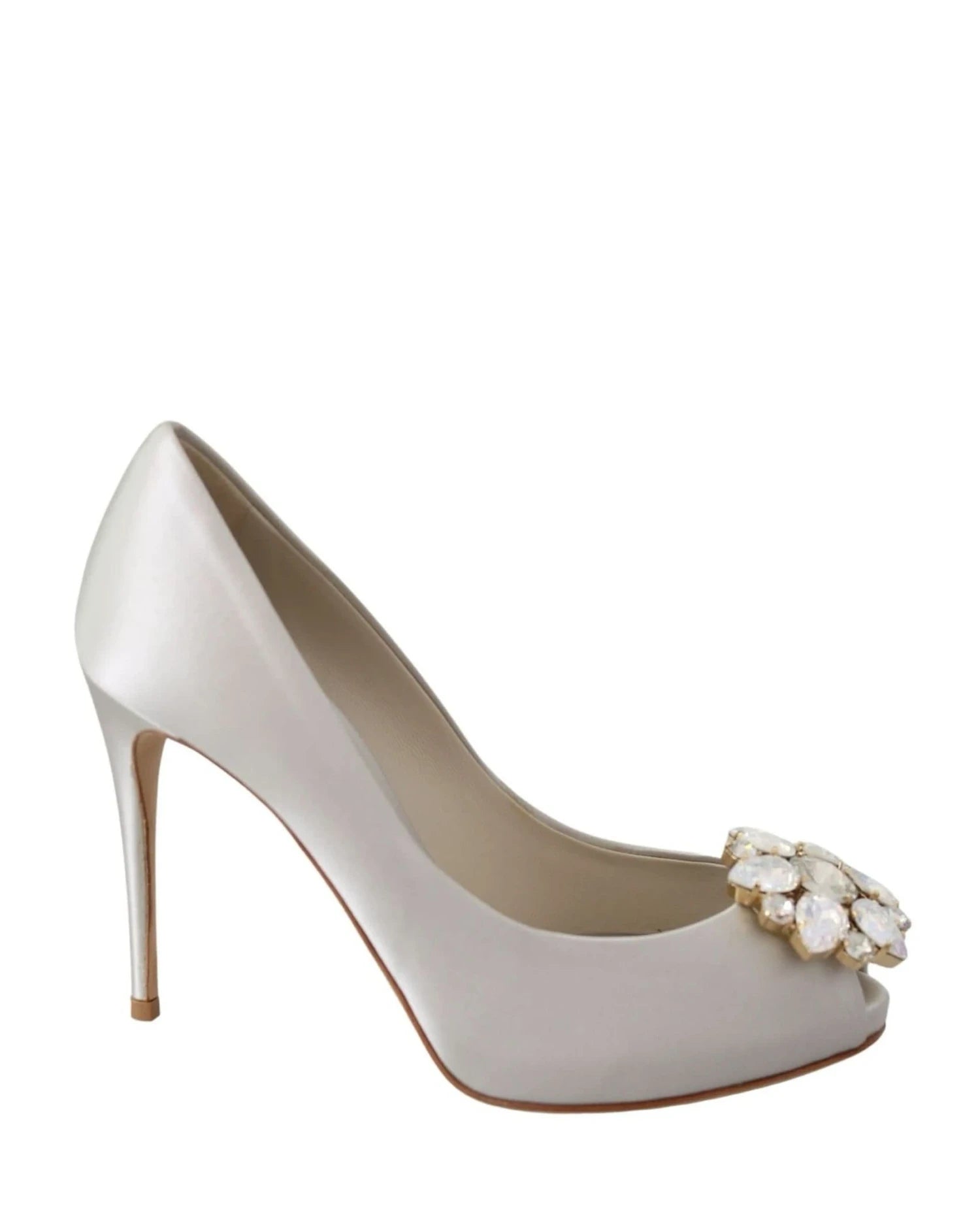Dolce & Gabbana White Satin Crystals Peep Toe Heels Heels