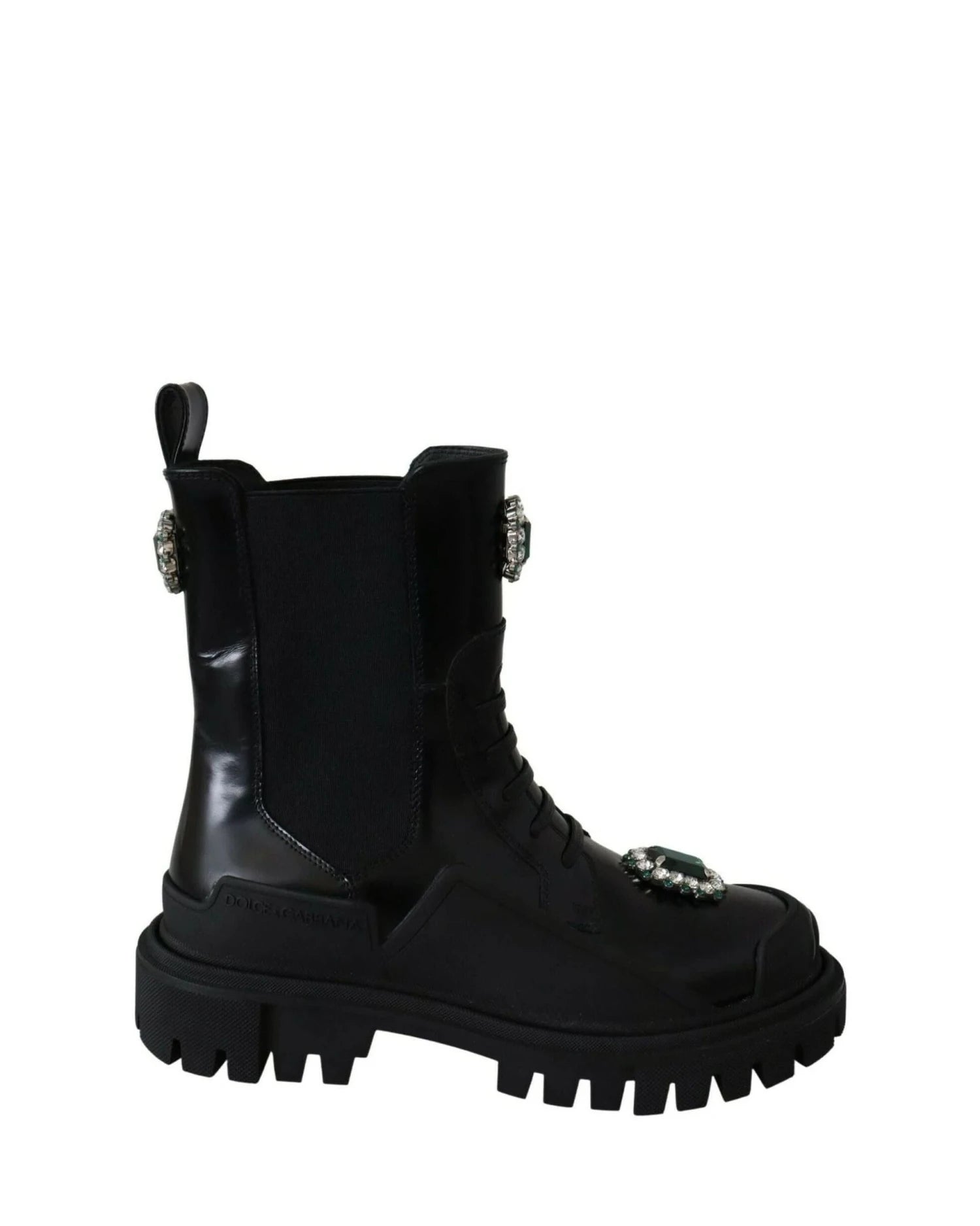 Dolce & Gabbana Black Leather Crystal Combat Boots Boots