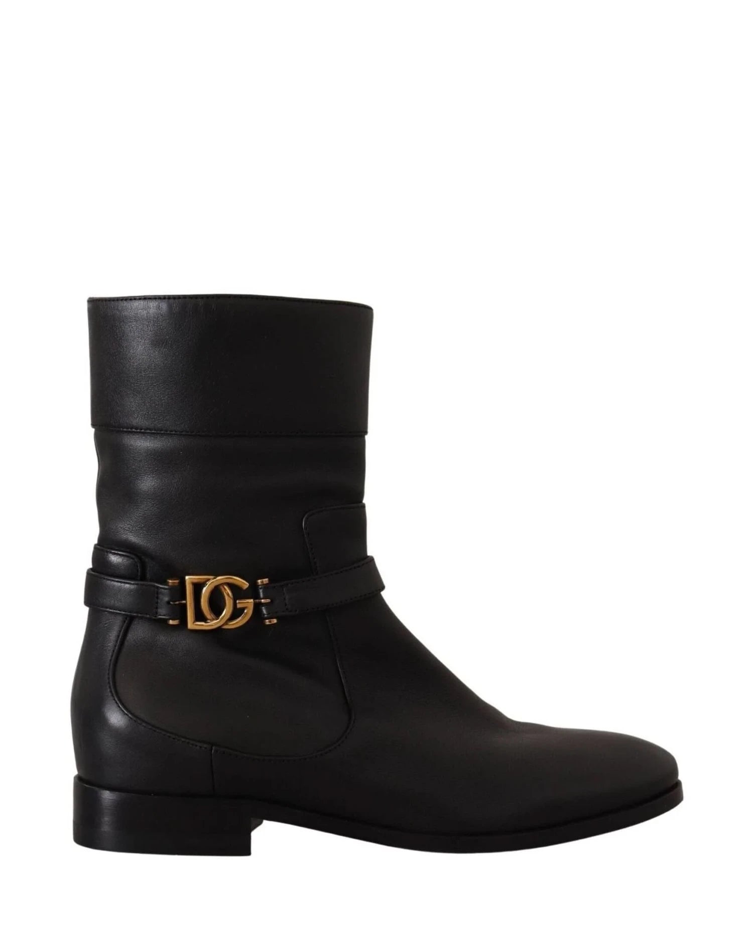 Dolce & Gabbana Black Leather Flats Logo Short Boots Boots