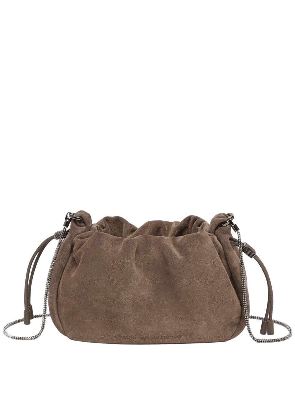Brunello Cucinelli Suede Mellow Mini Bucket Bag in with Precious Chain Glam Steals