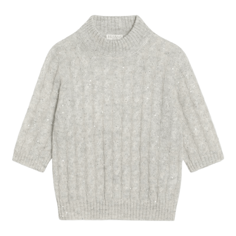 Brunello Cucinelli Light Grey Cable Knit Sweater in Mohair Blend Glam Steals