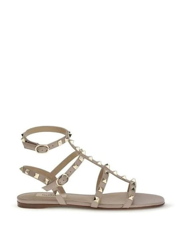 Valentino Garavani Beige Calf Leather Bos Taurus Flat Sandals Sandals
