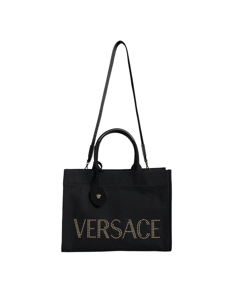 Versace Top Black Handle Canvas Leather Logo Crossbody Tote Bag Cross Body Bags
