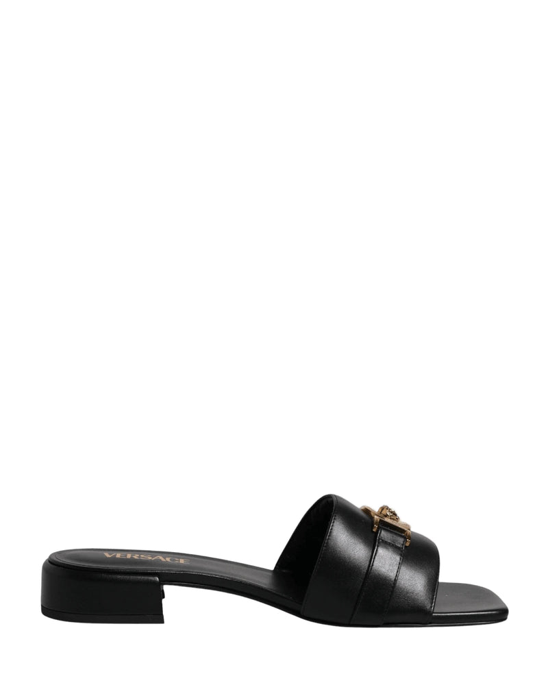 Versace Leather Black Logo Plaque Slip On Slides Flats Shoes Heels